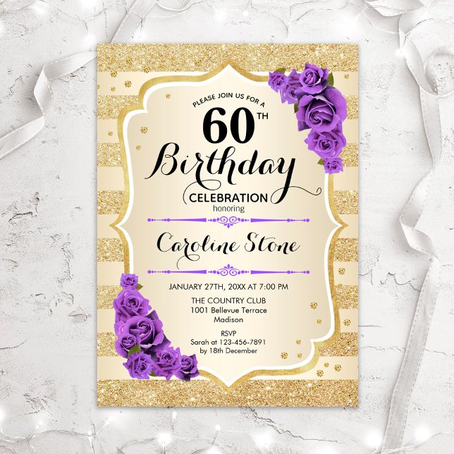 Invitation 60e anniversaire - Gold Stripes Roses violets (Créateur téléchargé)