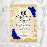 Invitation 60e anniversaire - Gold Stripes Royal Blue Roses<br><div class="desc">Invitation du 60e anniversaire. Design élégant en or et bleu roi. Comprend des rayures d'or de parties scintillant faux,  saphir rose police de script et confetti. Parfait pour une fête d'anniversaire glam.</div>