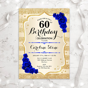 Invitation 60e anniversaire - Gold Stripes Royal Blue Roses