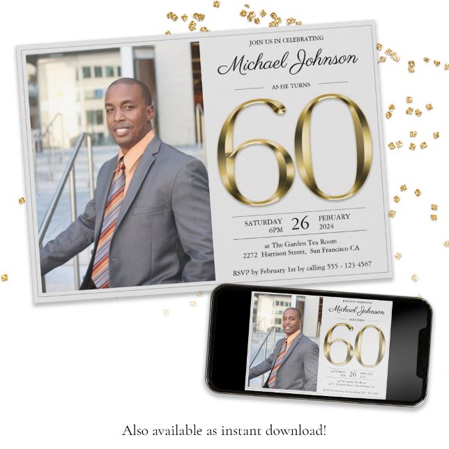 Invitation 60e anniversaire Gold Texte Classy Grey Photo pers (60th Birthday Gold Text Classy Gray Custom Photo Invitation)