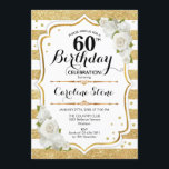 Invitation 60e anniversaire - Gold White Stripes Rose<br><div class="desc">Invitation du 60e anniversaire. Design classique avec des rayures d'or en parties scintillant imitation,  des roses blanches et des confettis. Dispose d'un script élégant. Parfait pour une soirée d'anniversaire élégante. Peut être customisé à n'importe quel âge.</div>