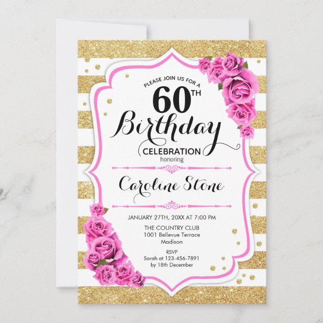 Invitation 60e anniversaire - Gold White Stripes rose Roses (Devant)