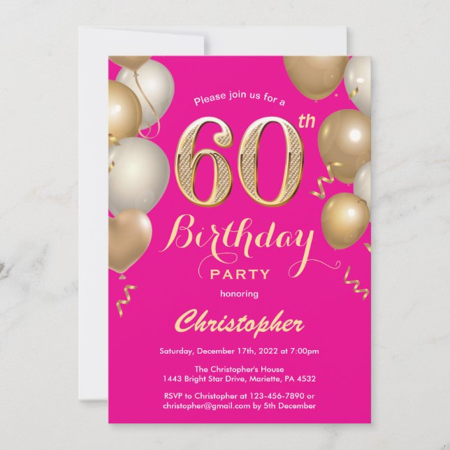 Invitation 60e Anniversaire Hot Pink et Gold Balloons Confett (Devant)