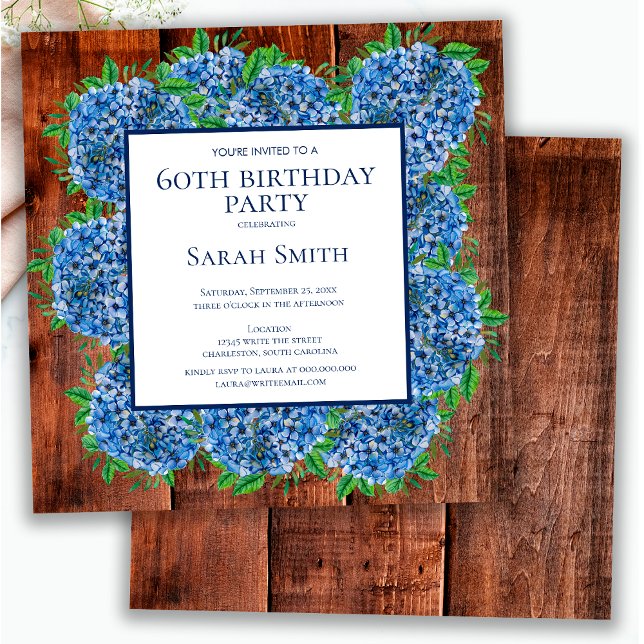 Invitation 60e Anniversaire Hydrangeas Bleu Bois Fête Rustiqu (Créateur téléchargé)