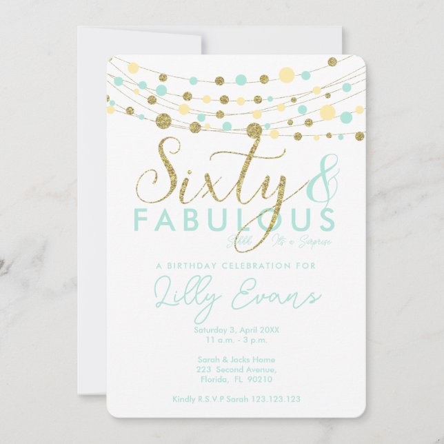 Invitation 60e anniversaire invitation, aqua turquoise et or (Devant)