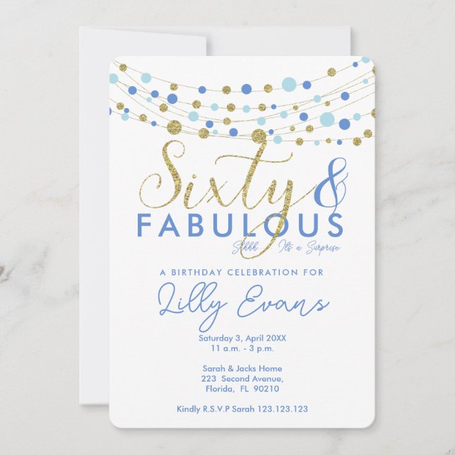 Invitation 60e anniversaire invitation, bleu et or, (Devant)