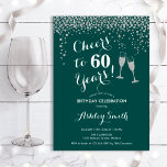 Invitation 60e Anniversaire - Joue À 60 Ans D'Argent Vert<br><div class="desc">Invitation du 60e anniversaire. Salutations À 60 Ans ! Design élégant en vert, blanc et argent. Il comprend des verres à champagne, des caractères de script et des confettis en argent parties scintillant. Idéal pour une soirée de soixantième anniversaire. Personnalisez avec vos propres détails. Peut être customisé pour montrer n'importe...</div>
