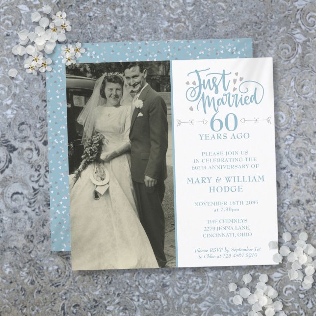 Invitation 60e anniversaire juste marié Mariage photo Carré (60th Anniversary Just Married Wedding Photo Square Invitation)