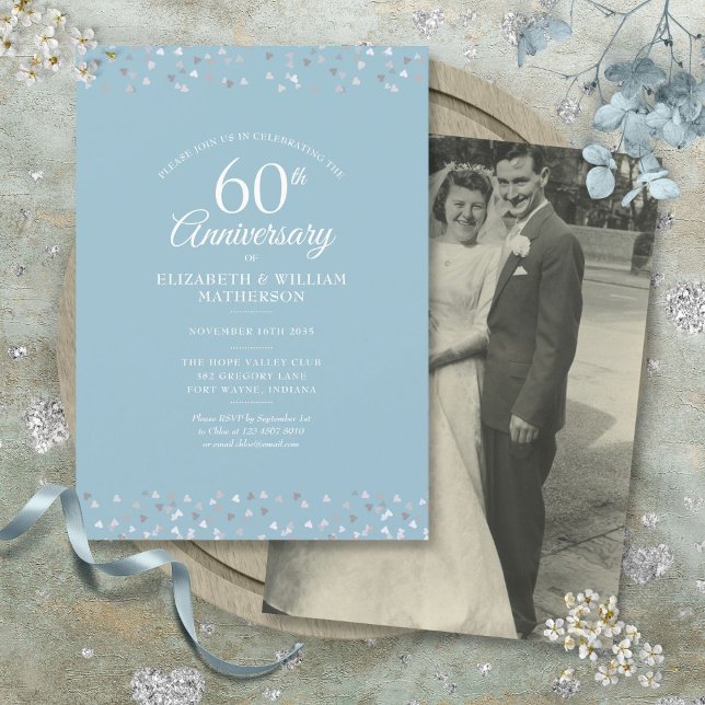 Invitation 60e anniversaire Mariage Coeurs photo Confetti (60th Anniversary Wedding Photo Hearts Confetti Invitation)
