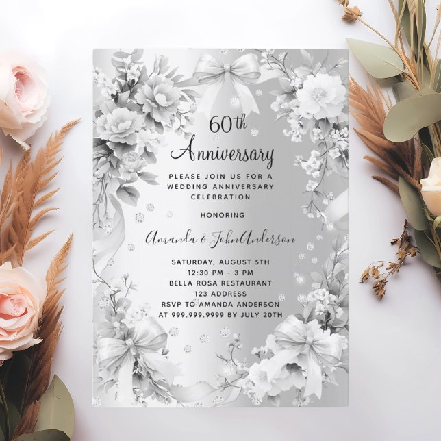 Invitation 60e anniversaire mariage diamant argent arc floral (Créateur téléchargé)