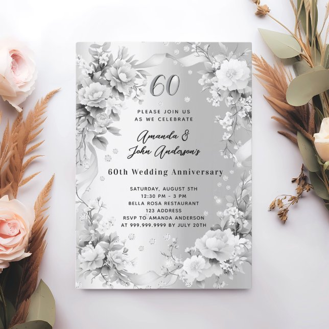 Invitation 60e anniversaire mariage diamant flor argent (Créateur téléchargé)