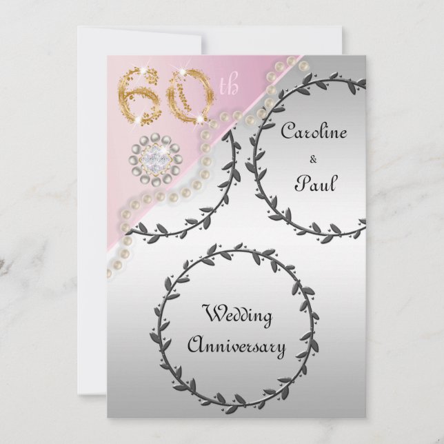 Invitation 60e anniversaire Mariage Embossed Silver Rose or (Devant)