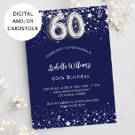 Invitation 60e anniversaire marine bleu argent étoiles<br><div class="desc">Une invitation moderne,  élégante et glamour pour un 60ème anniversaire. Un arrière - plan bleu marine,  décoré de faux étoiles argentées. Personnalisez et ajoutez votre nom et les détails de votre fête. Le numéro 60 est écrit avec une police de style ballon.</div>