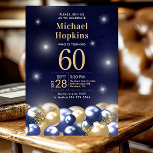 Invitation 60e anniversaire Marine Bleu Ballons d'or Photo
