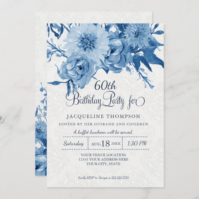 Invitation 60e anniversaire Marine Bleu Blanc Chintz Damask F (Devant / Derrière)