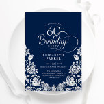 Invitation 60e anniversaire Marine Roses d'argent<br><div class="desc">Invitation de 60e anniversaire en argent de la Marine. Design classique avec rose, faux feuille argent et police de script de typographie. Carte invitation tendance parfaite pour une célébration anniversaire élégante. Personnalisez avec vos propres détails. Peut être customisé à n'importe quel âge. Invitations Zazzle imprimées ou téléchargement instantané modèle imprimable...</div>