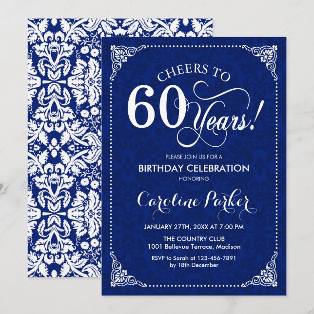 Invitation 60e anniversaire - Marine White Damask (Devant / Derrière)