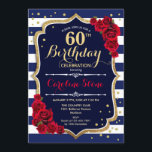 Invitation 60e anniversaire - Marine White Stripes et Red Ros<br><div class="desc">Invitation 60e anniversaire Elégant design bleu marine blanc avec fausse parties scintillant. Bandes de marine et de blanc avec roses rouges. Parfait pour une fête d'anniversaire élégante.</div>