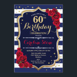 Invitation 60e anniversaire - Marine White Stripes et Red Ros<br><div class="desc">Invitation 60e anniversaire Elégant design bleu marine blanc avec fausse parties scintillant. Bandes de marine et de blanc avec roses rouges. Parfait pour une fête d'anniversaire élégante.</div>