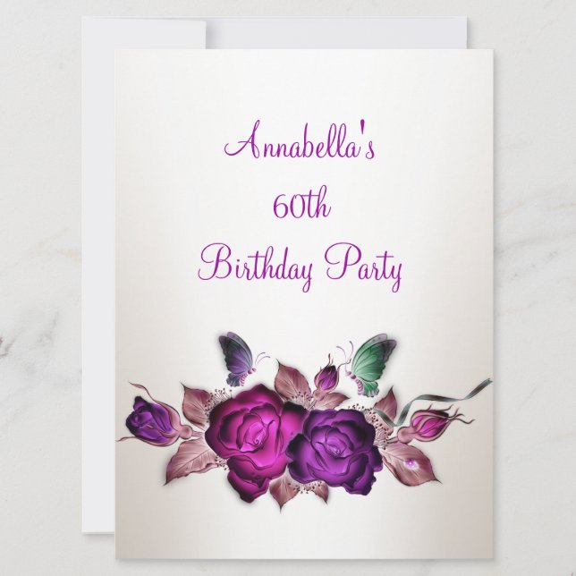 Invitation 60e anniversaire Mauve Rose Roses Floral Art 3 (Devant)