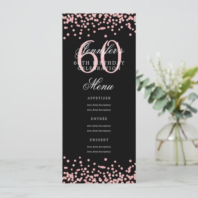 Invitation 60e anniversaire Menu Rose Gold Confetti Noir (Debout devant)