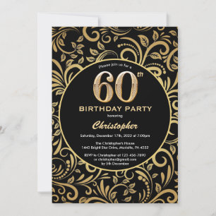 Invitation 60e anniversaire Modèle floral noir et or