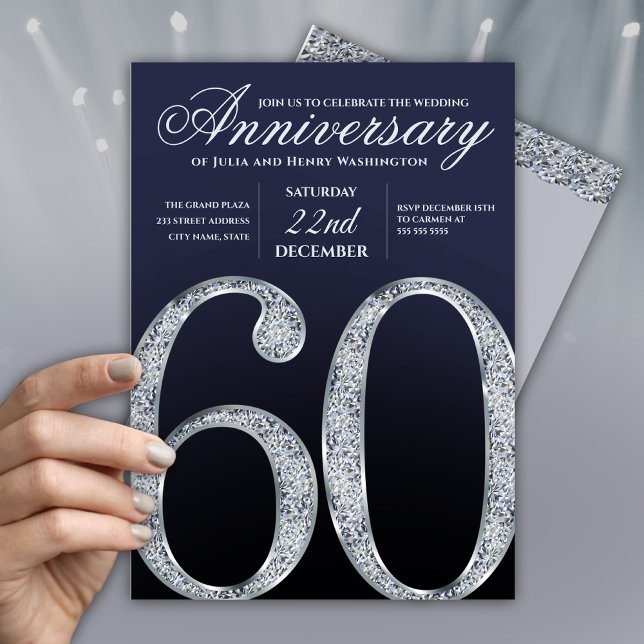 Invitation 60e Anniversaire Moderne Argent Diamant Bleu Marin (Créateur téléchargé)