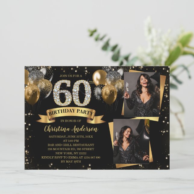 Invitation 60e Anniversaire Moderne Ballons Pailletés Or 2 Ph (Debout devant)