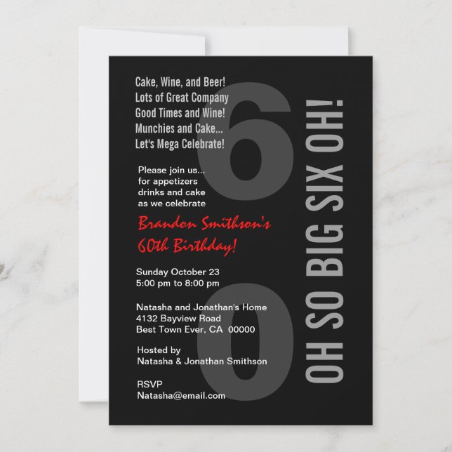 Invitation 60e anniversaire moderne Black White Red SIX OH! (Devant)