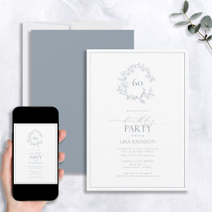 Invitation 60e anniversaire Moderne Dusty Blue Leafy Crest