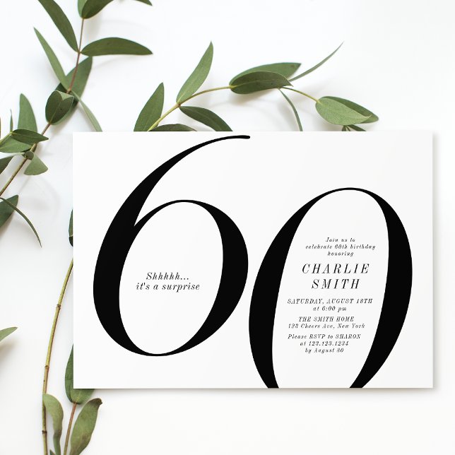 Invitation 60e anniversaire moderne minimaliste noir et blanc (Modern minimalist black and white 60th birthday invitation)