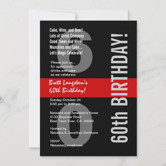Invitation 60e anniversaire moderne Modèle rouge noir blanc A (Devant)