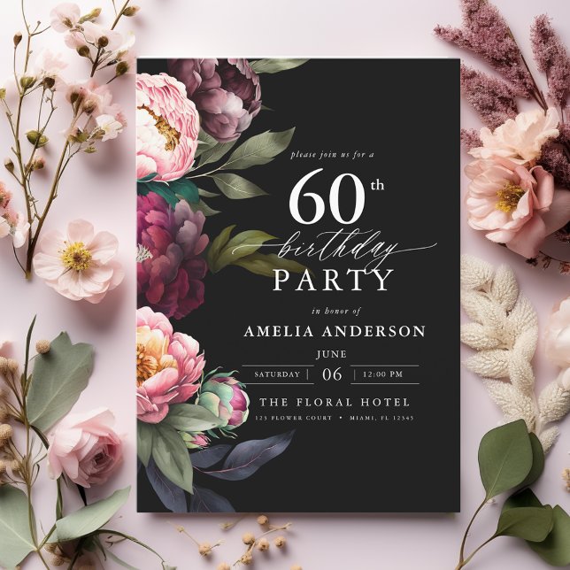 Invitation 60e anniversaire Moody moderne Bourgogne Blush Flo (Créateur téléchargé)