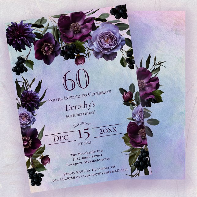 Invitation 60e anniversaire Moody Purple Gothic Flower (Créateur téléchargé)