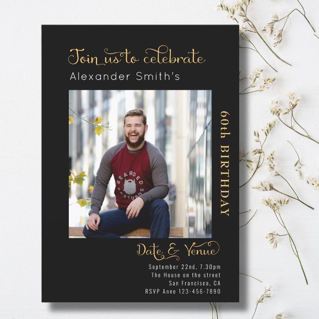 Invitation 60e anniversaire Noir (60th birthday personalized black and gold party invitations with photo)