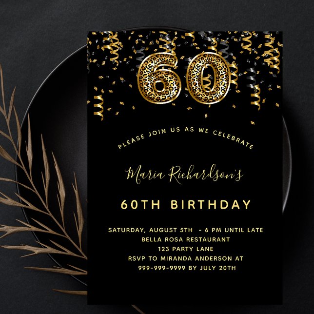 Invitation 60e anniversaire noir léopard motif luxe (Créateur téléchargé)