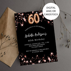 Invitation 60e anniversaire noir rose étoiles d'or