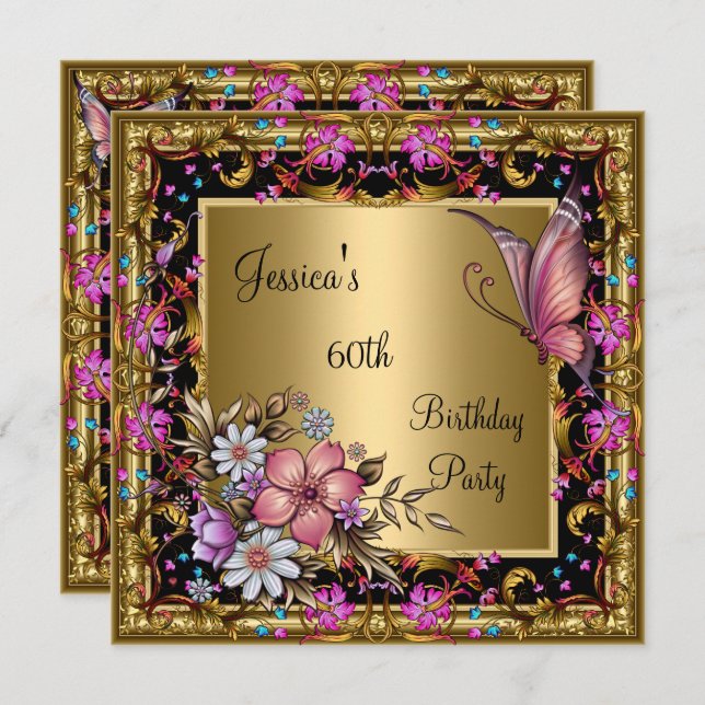 Invitation 60e anniversaire Ornate rose papillon floral Or (Devant / Derrière)