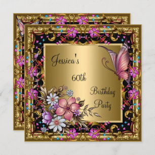 Invitation 60e anniversaire Ornate rose papillon floral Or