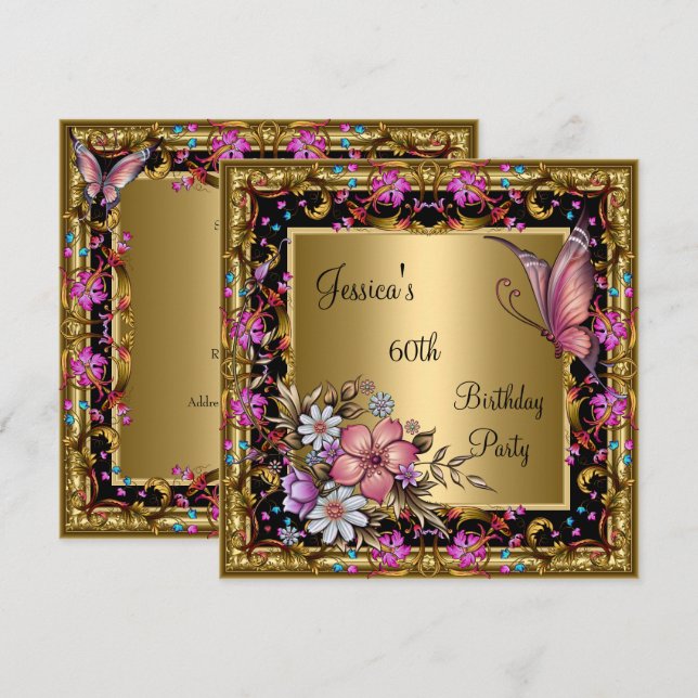 Invitation 60e Anniversaire Orné Rose Floral Papillon Or (Devant / Derrière)