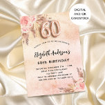 Invitation 60e anniversaire pampas herbe fleurons d'or rose<br><div class="desc">Un arrière - plan d'or rose,  rustique et rustique à l'aspect rustique et rustique. Décoré de fleurs roses d'or et de rose,  de roses,  d'herbe de pampas. Personnalisez et ajoutez un nom et des détails du parti. Le numéro 60 est écrit avec une police de style ballon.</div>