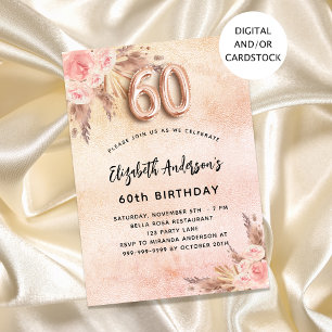 Invitation 60e anniversaire pampas herbe fleurons d'or rose
