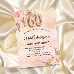 Invitation 60e anniversaire pampas herbe fleurons roses luxe