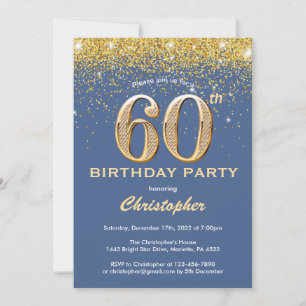 Invitation 60e anniversaire Parties scintillant bleue et or C