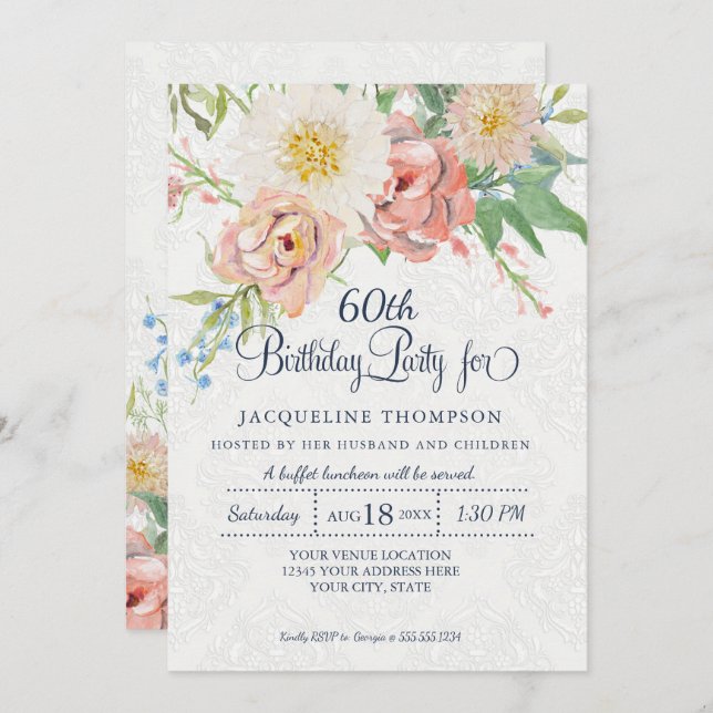 Invitation 60e anniversaire Pastel Blush en blanc Painted Flo (Devant / Derrière)