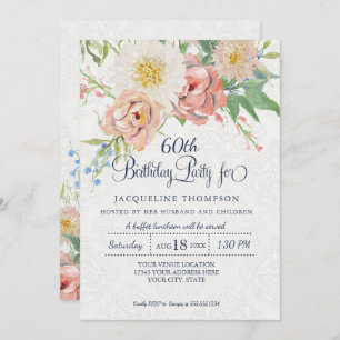 Invitation 60e anniversaire Pastel Blush en blanc Painted Flo
