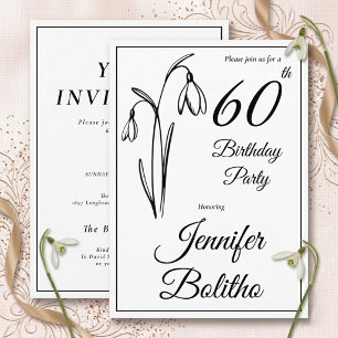 Invitation 60e Anniversaire Perce-Neige Floral Noir Et Blanc