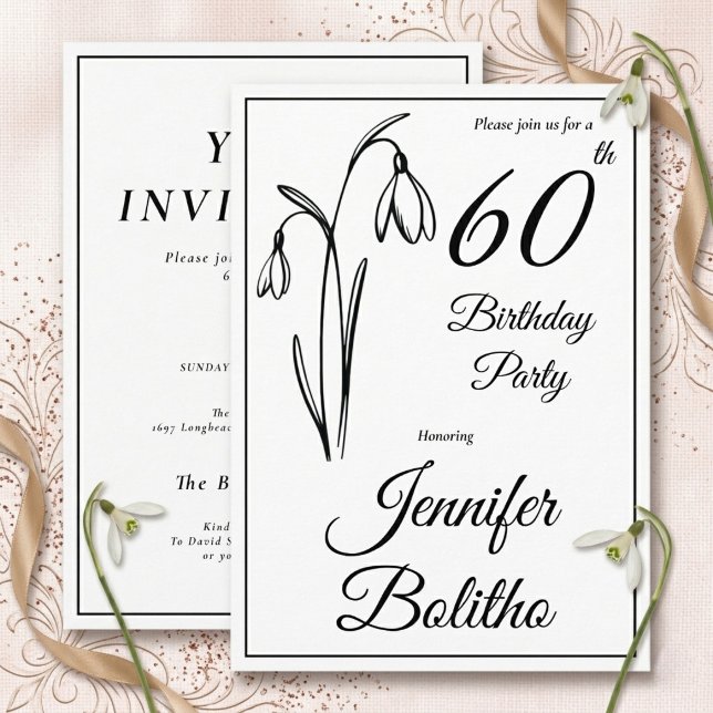 Invitation 60e Anniversaire Perce-Neige Floral Noir Et Blanc (60th Birthday Snowdrop Invitation.)