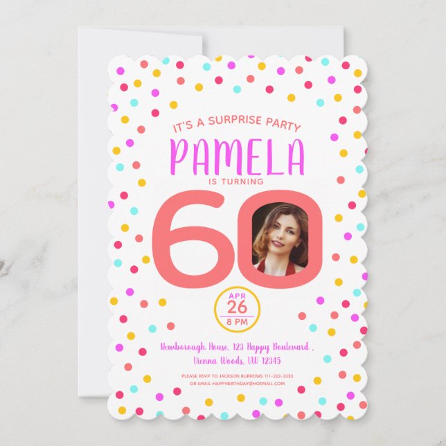 Invitation 60e anniversaire photo personnalisée confetti cora (Devant)