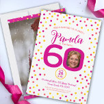 Invitation 60e anniversaire photos personnalisées confetti ja<br><div class="desc">Un confetti coloré brillant au hasard des points d'anniversaire 60e invitations de fête surprise. En rose foncé, rouge, corail, jaune doré et jaune sur blanc. Ajoutez la photo de votre fille d'anniversaire au centre du 0 sur 60 et une photo pleine page au verso. Customisez avec votre propre date de...</div>
